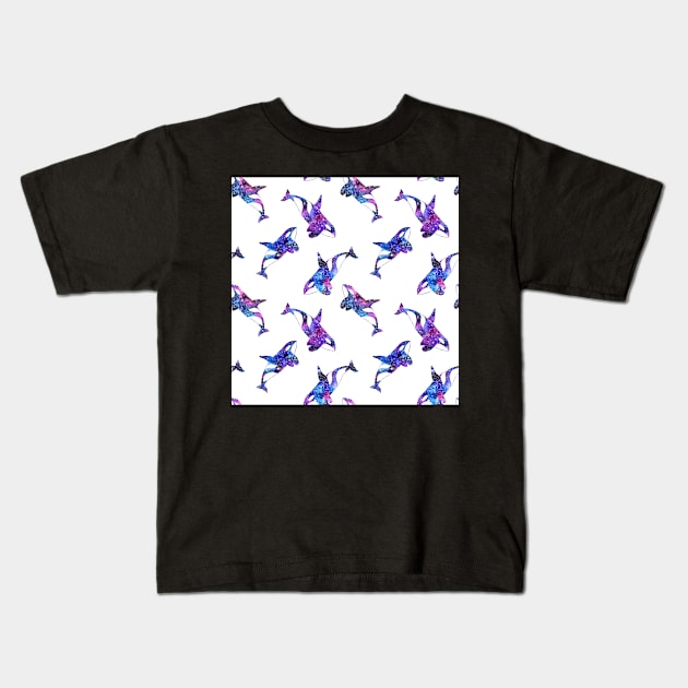 Bright watercolor galaxy pattern with orca Kids T-Shirt by runlenarun